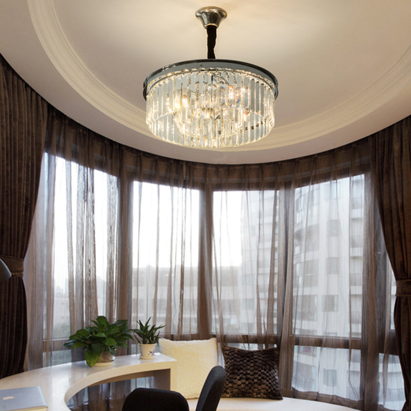 Einfacher Stil Drum Kristall Block Kronleuchter Anhänger Licht 4/8 Leuchten hängende Lichtkit in Chrom, 18 "/23" breit