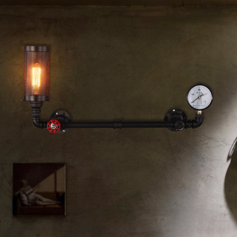 Leuchte mit einer Leuchte mit einer Leuchte mit einem Bulb mit Ventil und Messgerät in Schwarz Vintage Wasserrohr