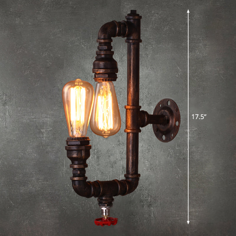 Iron Water Pipe Wall Light Retro 2 Bulbs Restaurant Wall Lighting Fixture with Valve Handle in Rust