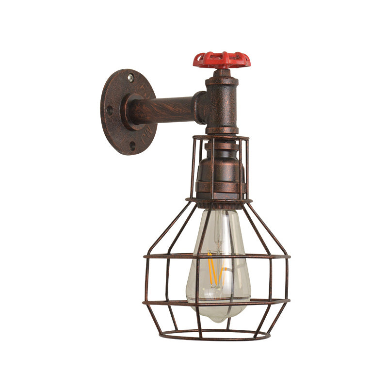 Grenade Cage Metallic Wall Light Retro 1 Head Restaurant Wall Lighting Fixture with Water Valve in Rust