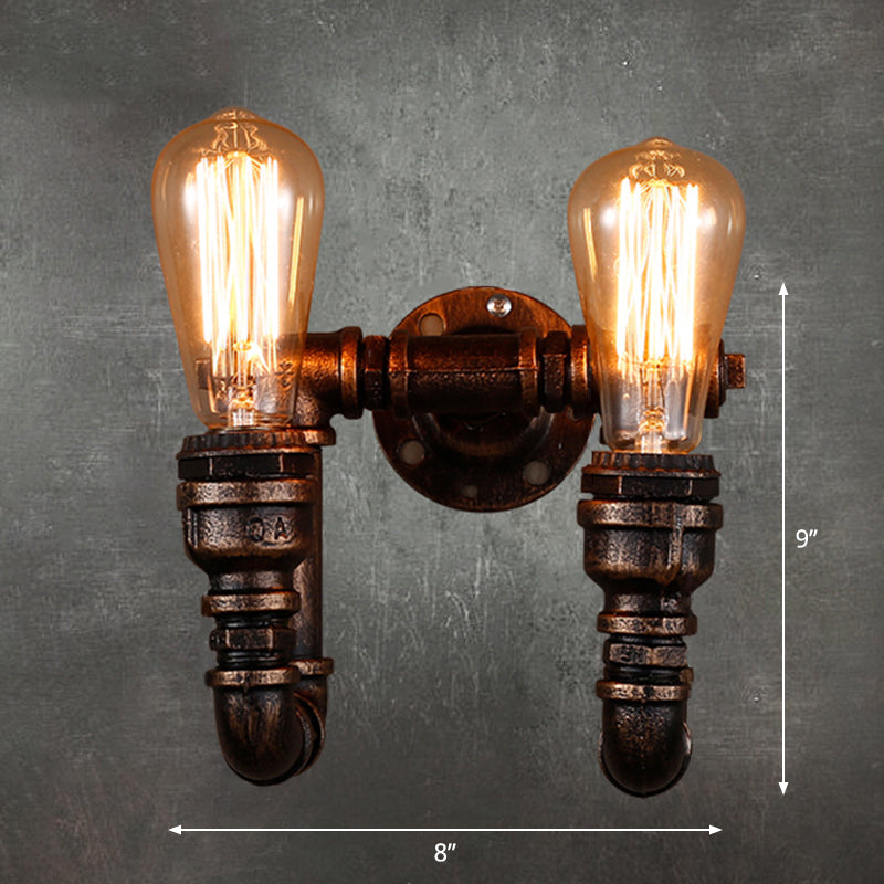Water Pipe Iron Wall Light Fixture Vintage 2 Bulbs Restaurant Wall Mounted Lamp in Rust