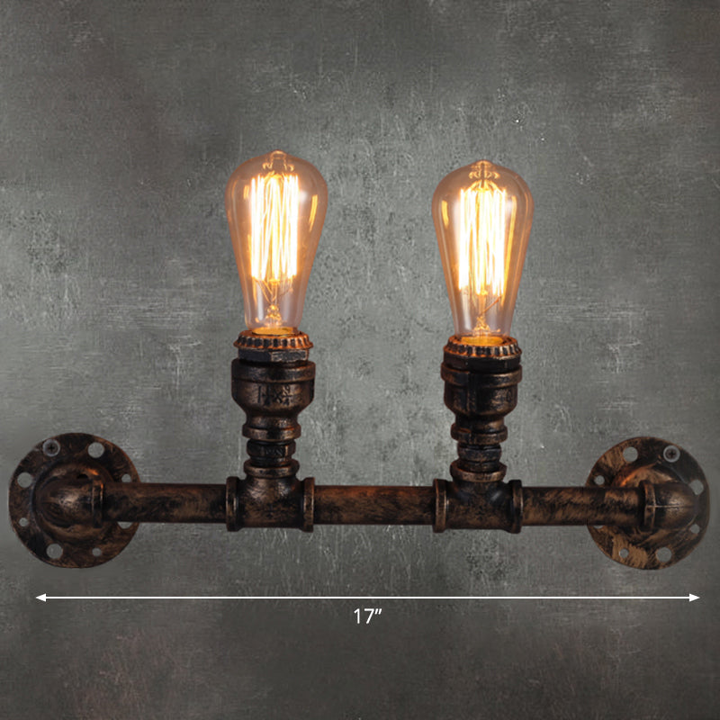 Plumbing Pipe Restaurant Wall Lamp Rustic Iron 2 Bulbs Bronze Wall Lighting Fixture