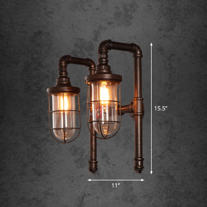 Rust allongé Dôme Wall Lightture Vintage Glass Clear Glass 2 Heads Restaurant Piping Light with Metallic Cage