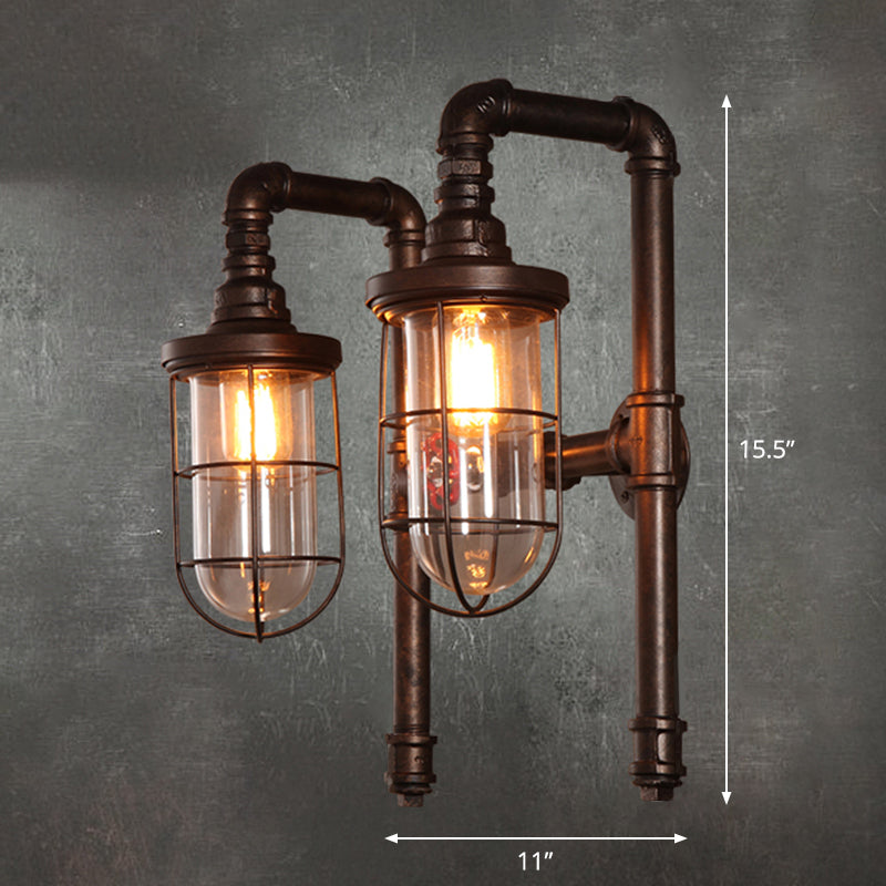 Rust allongé Dôme Wall Lightture Vintage Glass Clear Glass 2 Heads Restaurant Piping Light with Metallic Cage
