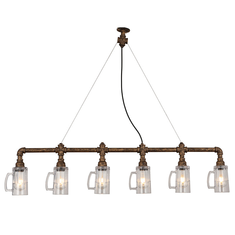 Clear Glass Beer Mug Island Pendant Light Rustic Bar Ceiling Light with Water Pipe in Bronze