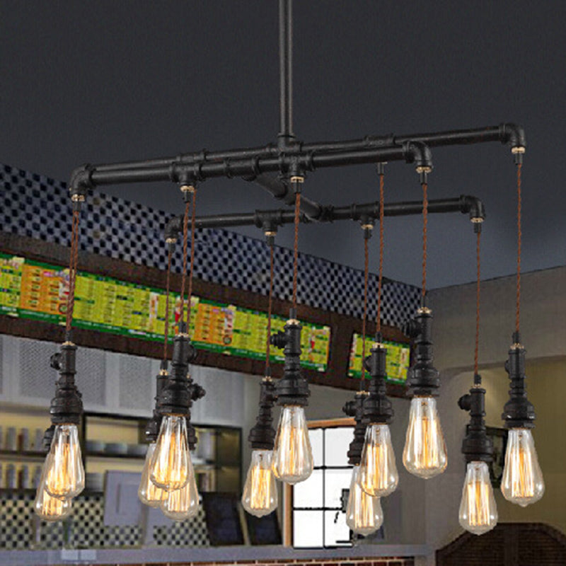 Industrial Plumbing Pipe LED Hanging Lamp Iron Island Chandelier Light in Black for Restaurant