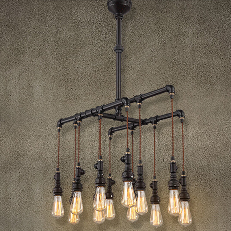 Industrial Plumbing Pipe LED Hanging Lamp Iron Island Chandelier Light in Black for Restaurant