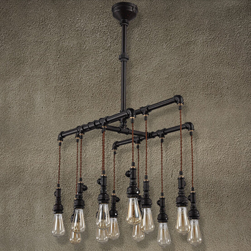 Industrial Plumbing Pipe LED Hanging Lamp Iron Island Chandelier Light in Black for Restaurant