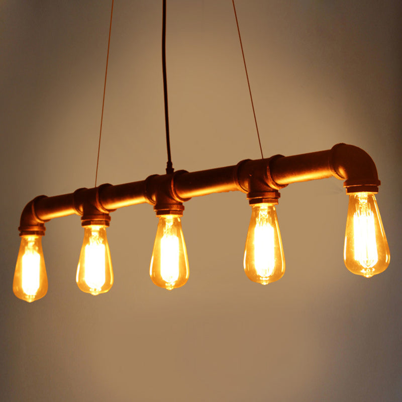 Antique Water Pipe Pendant Light 5 Heads Iron Hanging Island Light in Rust for Restaurant