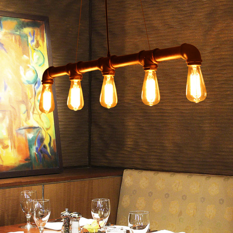 Antique Water Pipe Pendant Light 5 Heads Iron Hanging Island Light in Rust for Restaurant