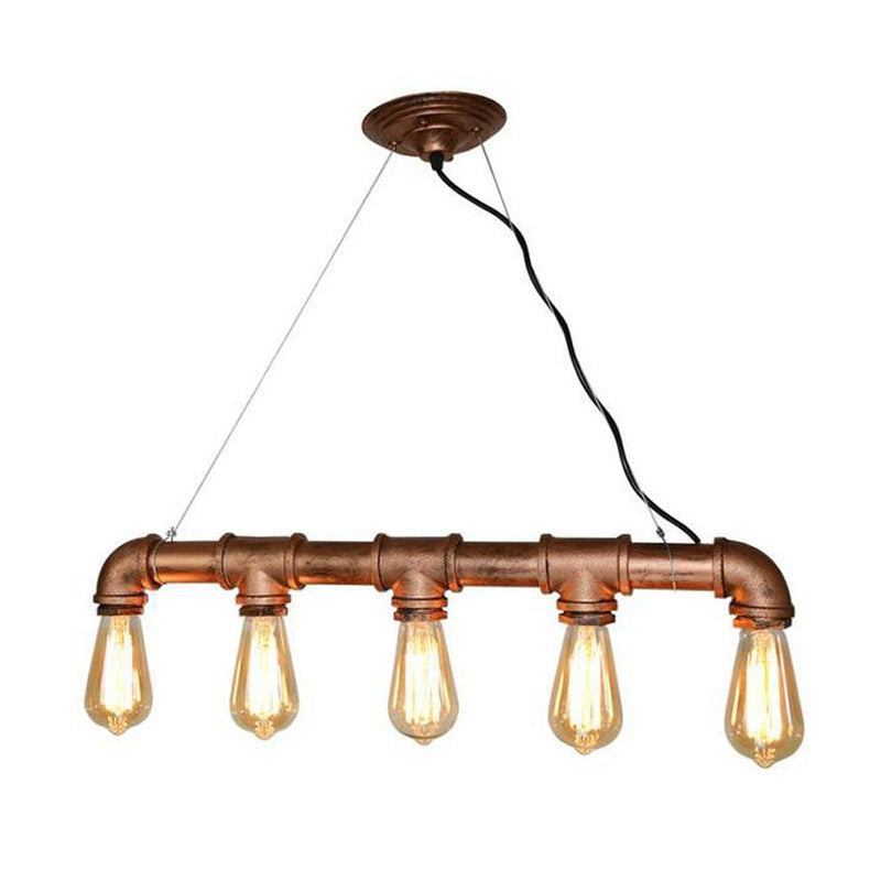 Antique Water Pipe Pendant Light 5 Heads Iron Hanging Island Light in Rust for Restaurant