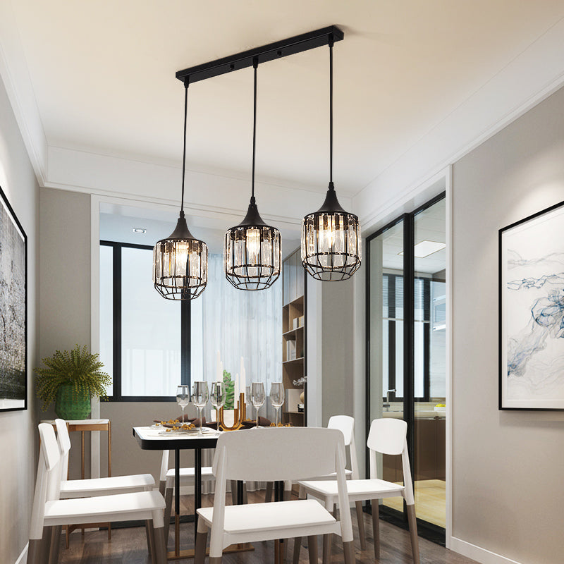 3 Light Dining Room Cluster Pendant Nordic Black Hanging Ceiling Light with Bottle/Cylinder/Urn Metal and Crystal Shade