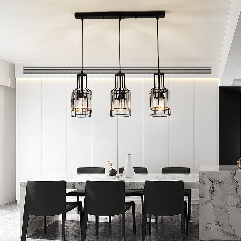 3 Light Dining Room Cluster Pendant Nordic Black Hanging Ceiling Light with Bottle/Cylinder/Urn Metal and Crystal Shade