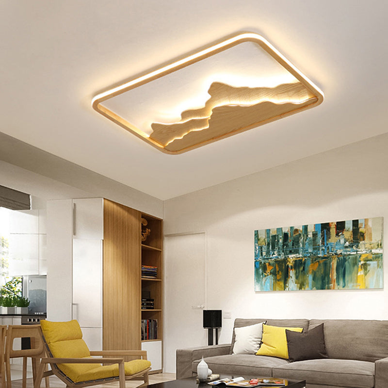 Wood Rectangle Flush Ceiling Light Chinese Bedroom LED Flush Mount Lighting Fixture with Mountain Decor