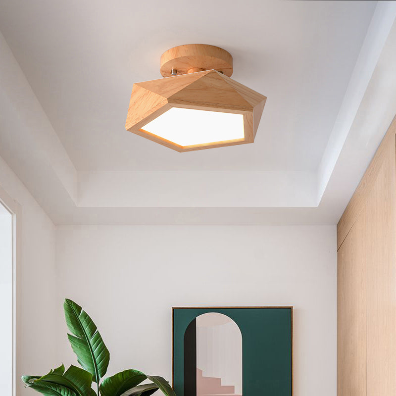 Pentagon Faceted LED Semi Flush Mount Simplicity Wood Corridor Ceiling Mounted Light
