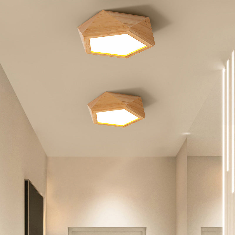 Pentagon Faceted LED Semi Flush Mount Simplicity Wood Corridor Ceiling Mounted Light