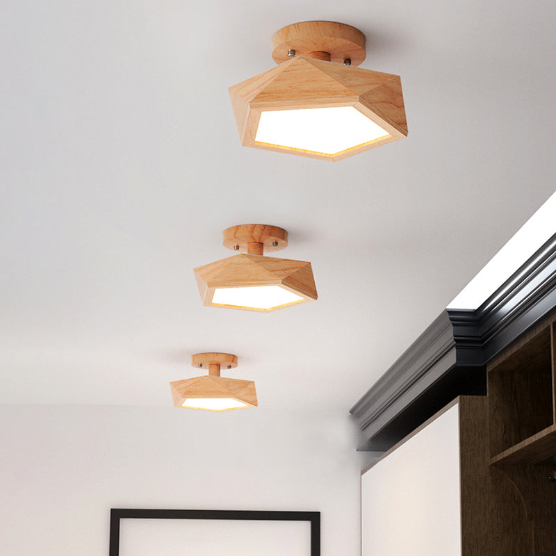 Pentagon Faceted LED Semi Flush Mount Simplicity Wood Corridor Ceiling Mounted Light