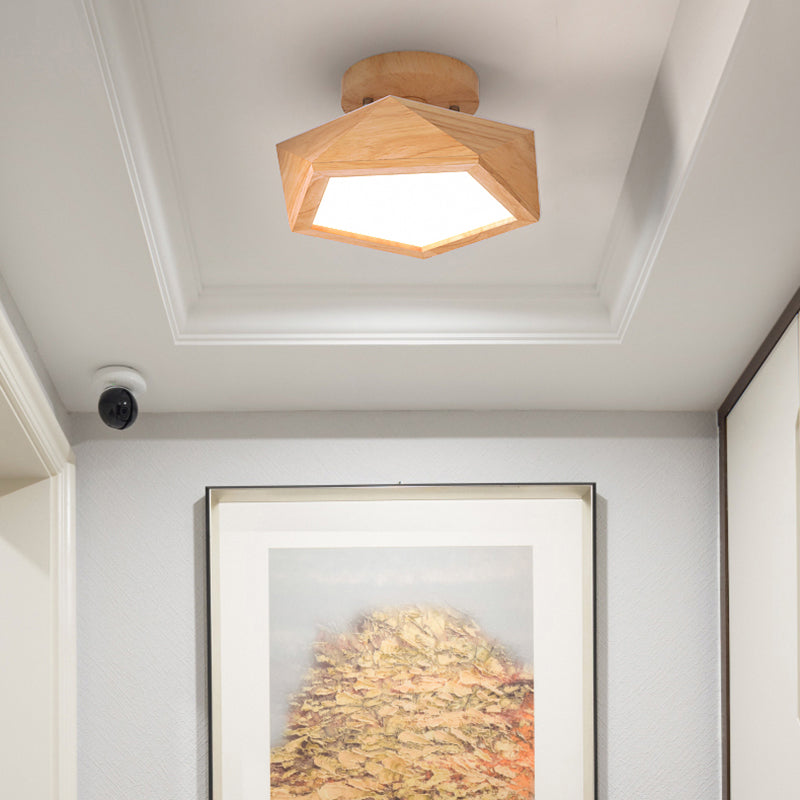 Pentagon Faceted LED Semi Flush Mount Simplicity Wood Corridor Ceiling Mounted Light