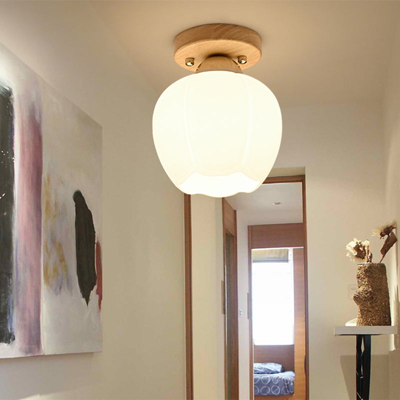 Shaded Entryway Flush Mount Lighting White Glass Nordic LED Flush Ceiling Light Fixture with Wooden Canopy