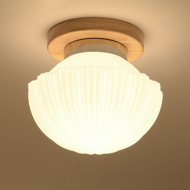 Shaded Entryway Flush Mount Lighting White Glass Nordic LED Flush Ceiling Light Fixture with Wooden Canopy