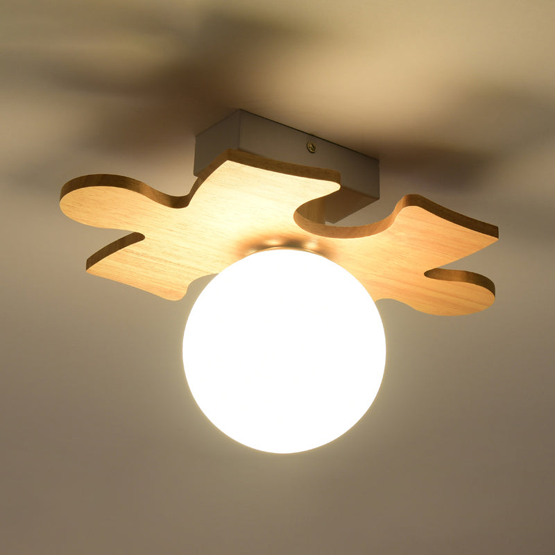 Shaded Entryway Flush Mount Lighting White Glass Nordic LED Flush Ceiling Light Fixture with Wooden Canopy