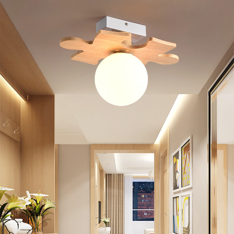 Shaded Entryway Flush Mount Lighting White Glass Nordic LED Flush Ceiling Light Fixture with Wooden Canopy