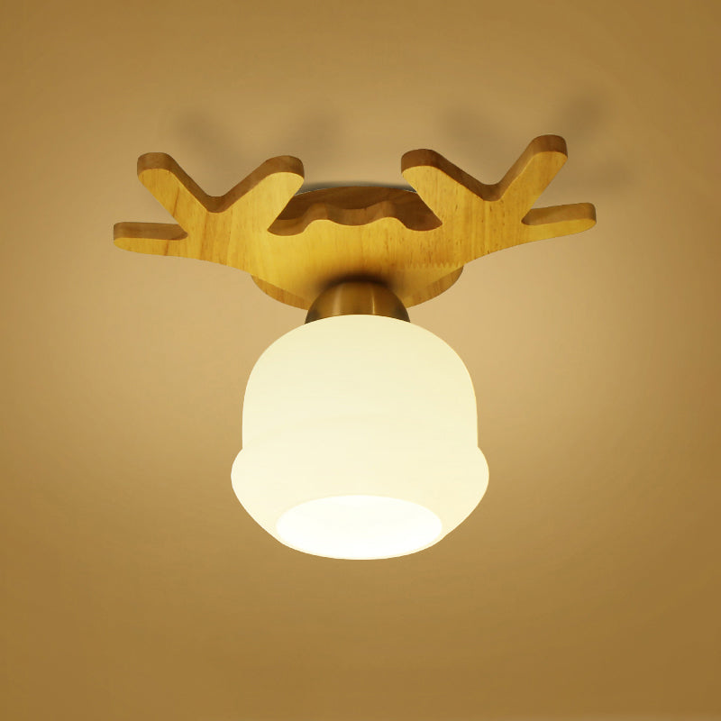 Shaded Entryway Flush Mount Lighting White Glass Nordic LED Flush Ceiling Light Fixture with Wooden Canopy
