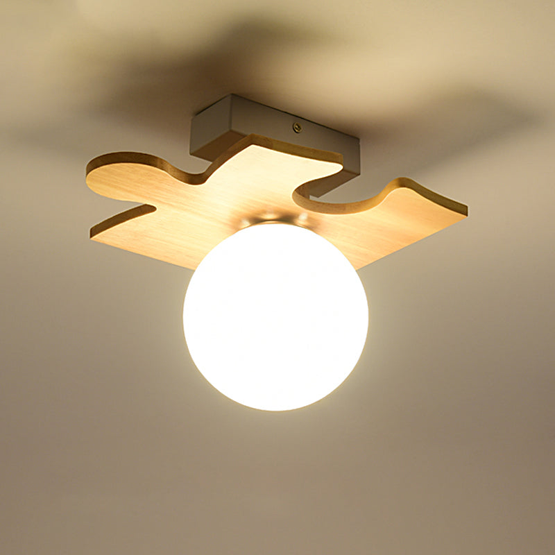 Shaded Entryway Flush Mount Lighting White Glass Nordic LED Flush Ceiling Light Fixture with Wooden Canopy