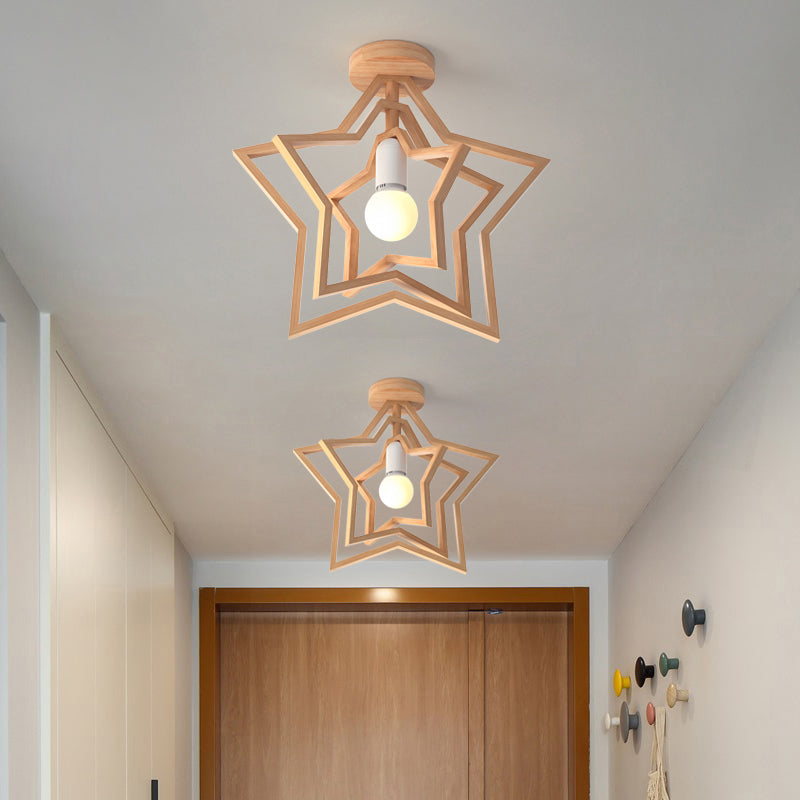 Wood Geometric Cage Flush Light Nordic Style Single Flush Ceiling Light Fixture for Corridor