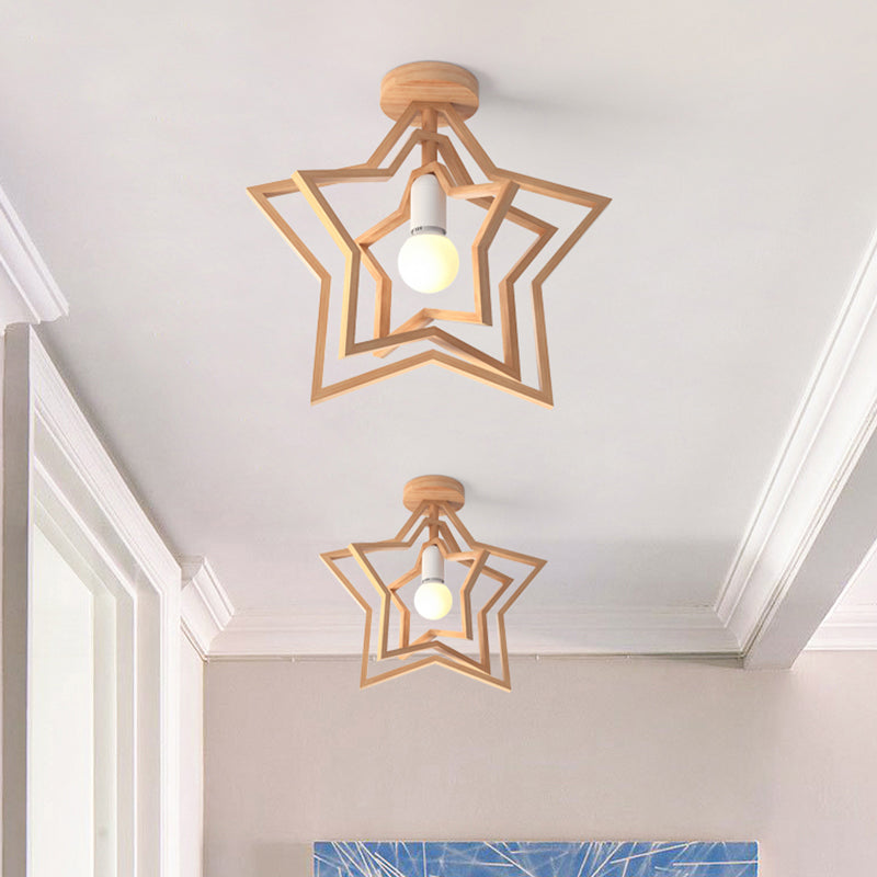 Wood Geometric Cage Flush Light Nordic Style Single Flush Ceiling Light Fixture for Corridor