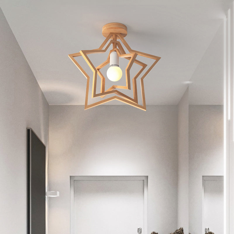 Wood Geometric Cage Flush Light Nordic Style Single Flush Ceiling Light Fixture for Corridor
