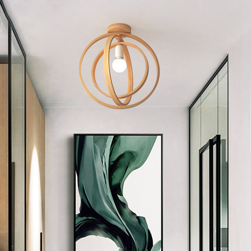 Wood Geometric Cage Flush Light Nordic Style Single Flush Ceiling Light Fixture for Corridor