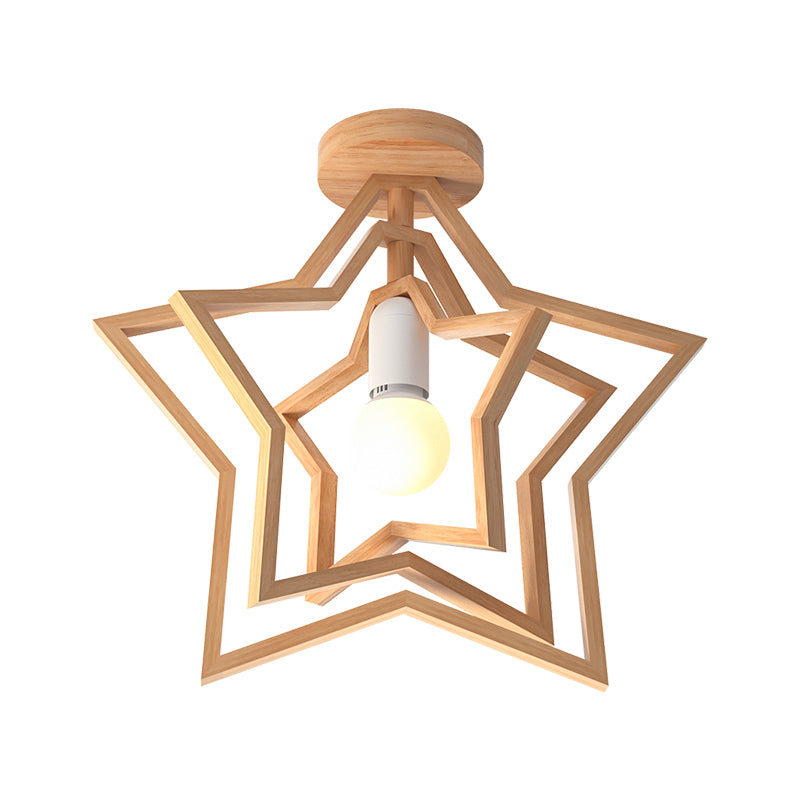 Wood Geometric Cage Flush Light Nordic Style Single Flush Ceiling Light Fixture for Corridor