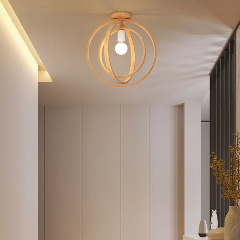 Wood Geometric Cage Flush Light Nordic Style Single Flush Ceiling Light Fixture for Corridor