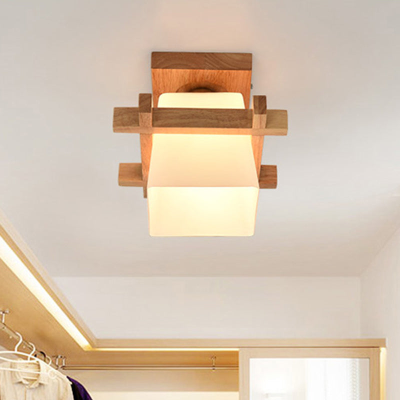 Square Flush Ceiling Light Japanese Wood Corridor Flush Mount Lighting with White Glass Shade