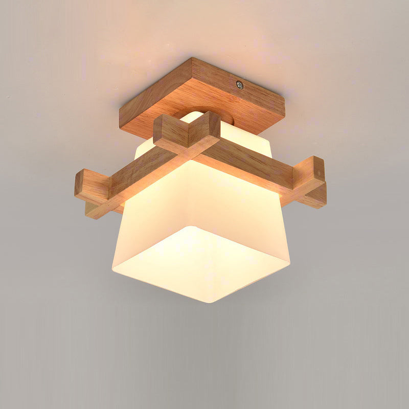 Square Flush Ceiling Light Japanese Wood Corridor Flush Mount Lighting with White Glass Shade