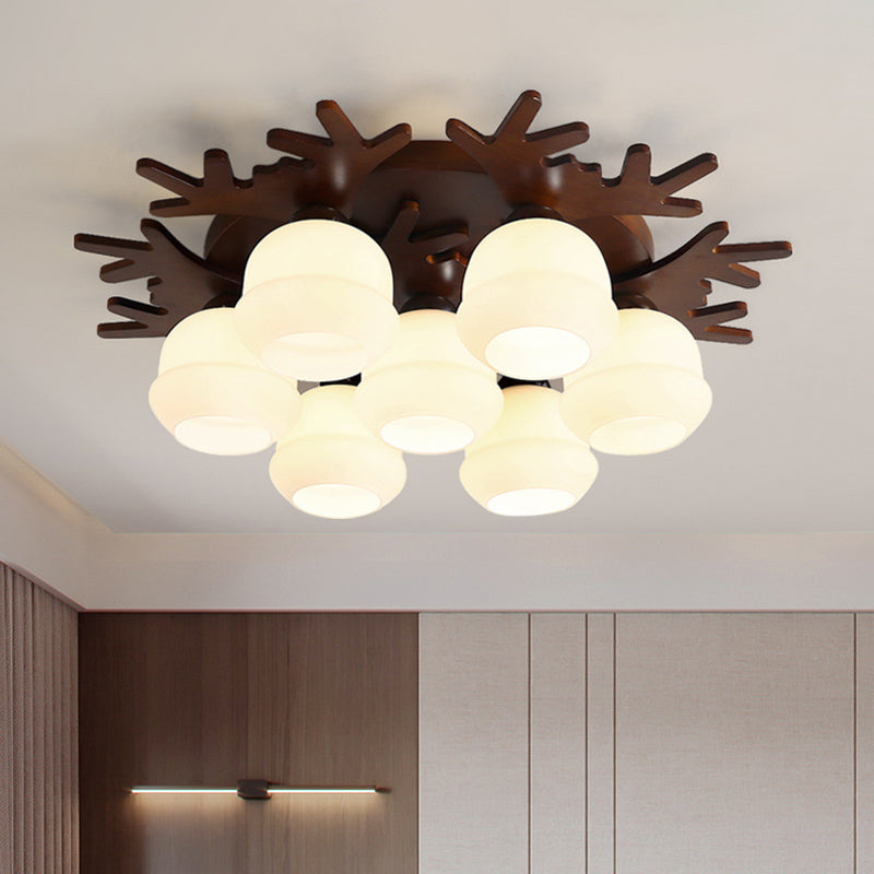 Antler Bedroom Flush Light Wood Nordic Style Flush Ceiling Light Fixture with White Glass Shade