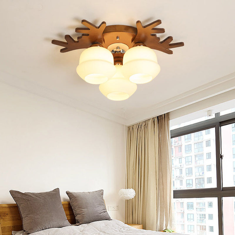 Antler Bedroom Flush Light Wood Nordic Style Flush Ceiling Light Fixture with White Glass Shade