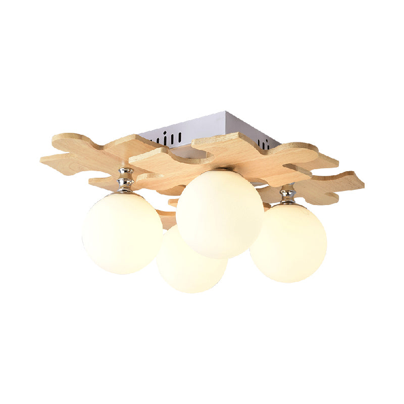 Japanese Round Flush Mount Lighting White Glass 4 Bulbs Bedroom Flush Ceiling Light Fixture with Wooden Decor