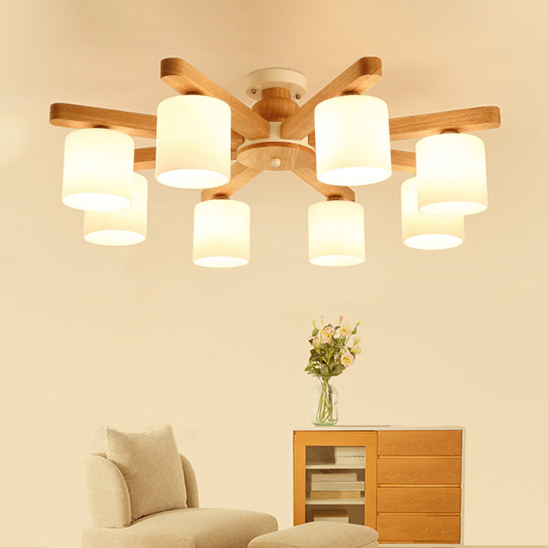 Cylinder Semi Flush Japanese Cream Glass Living Room Ceiling Mount Chandelier in Wood
