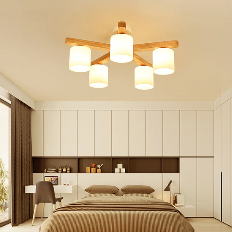 Cylinder Semi Flush Japanese Cream Glass Living Room Ceiling Mount Chandelier in Wood