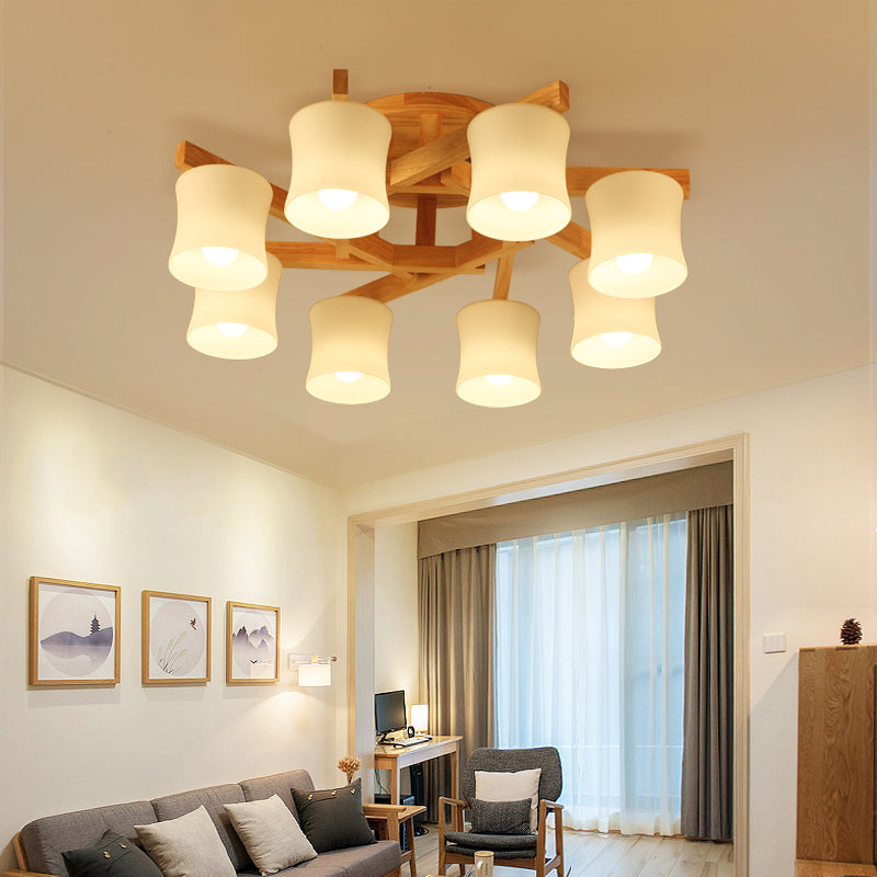Japanse kroonluchter met schaduw, semi-inbouw, wit glas, dicht bij het plafond, met houten luifel