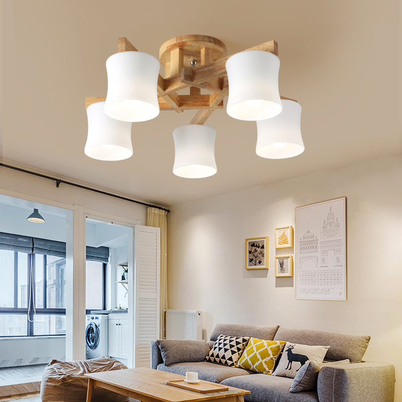 Japanse kroonluchter met schaduw, semi-inbouw, wit glas, dicht bij het plafond, met houten luifel
