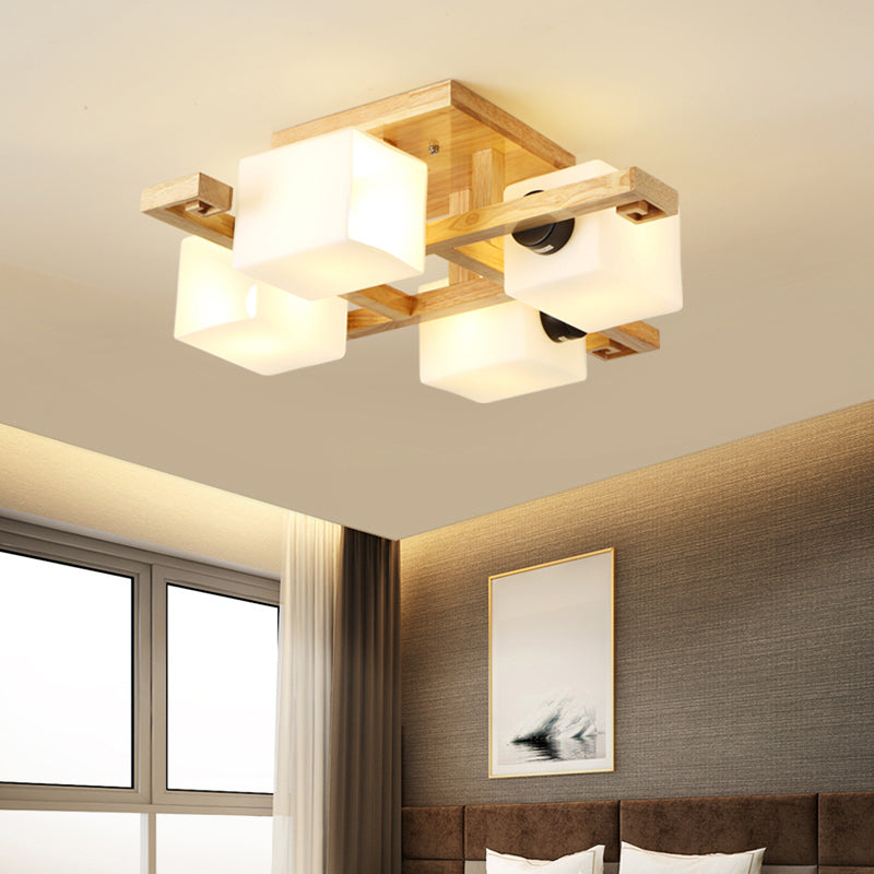 Lustre semi-encastré rectangulaire en verre blanc de style nordique avec auvent en bois pour salon