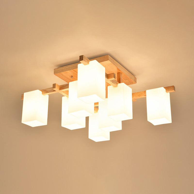 Square Semi Flush Light Modern Wood Living Room Flush Mount Ceiling Chandelier with Rectangle White Glass Shade