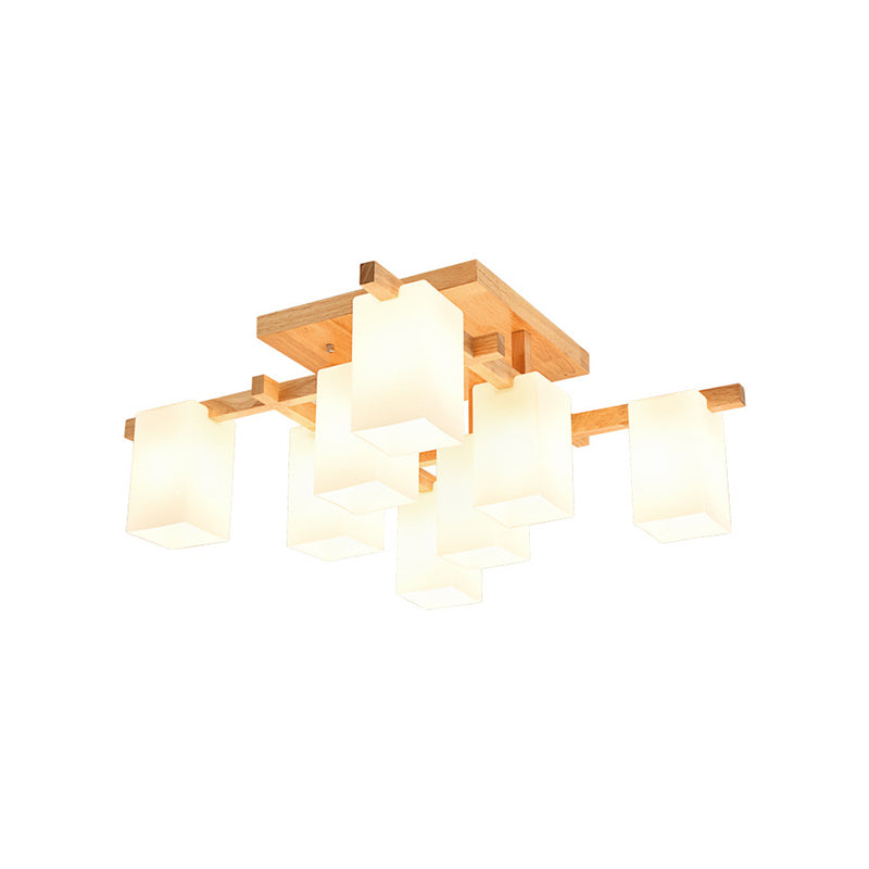Square Semi Flush Light Modern Wood Living Room Flush Mount Ceiling Chandelier with Rectangle White Glass Shade