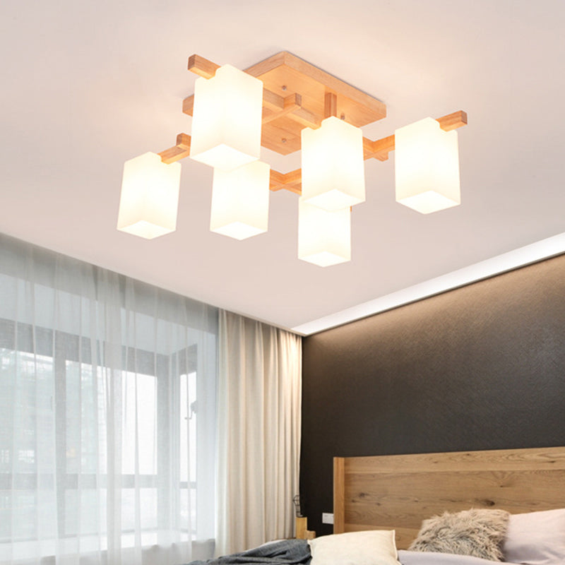 Square Semi Flush Light Modern Wood Living Room Flush Mount Ceiling Chandelier with Rectangle White Glass Shade