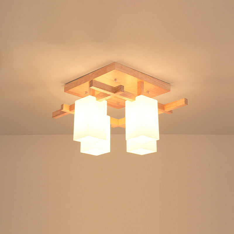 Square Semi Flush Light Modern Wood Living Room Flush Mount Ceiling Chandelier with Rectangle White Glass Shade