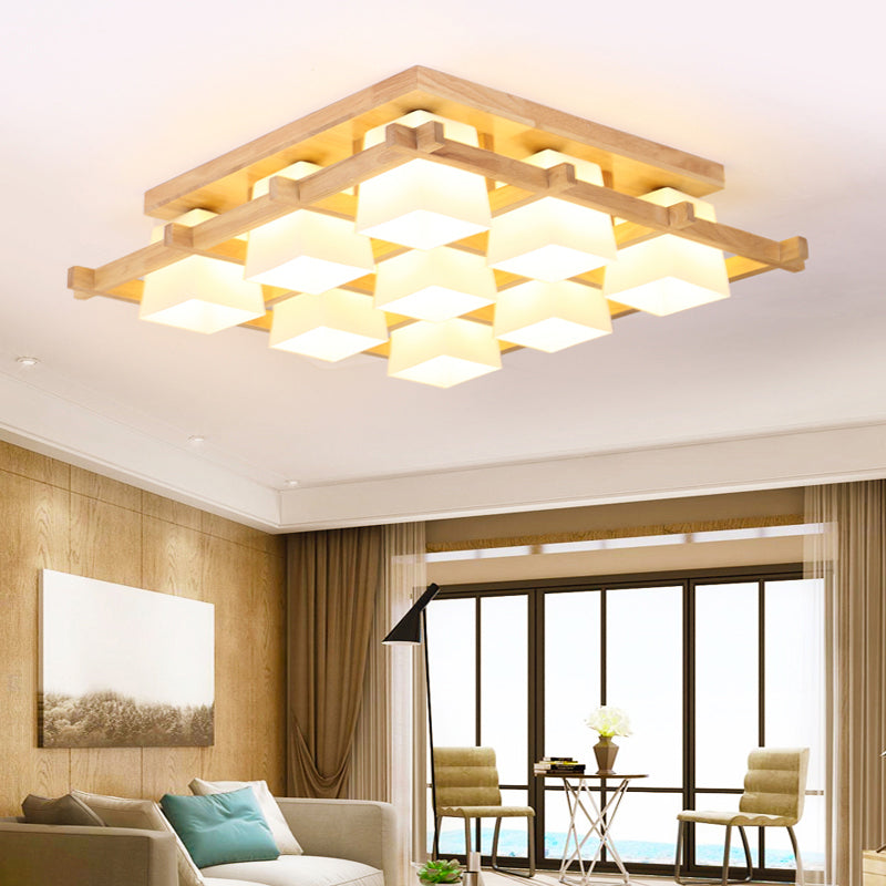 Luminaire encastré géométrique en verre crème de style japonais en bois