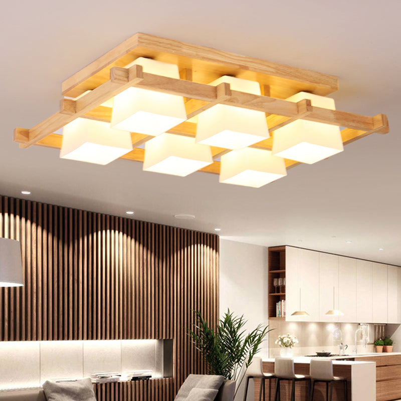 Luminaire encastré géométrique en verre crème de style japonais en bois